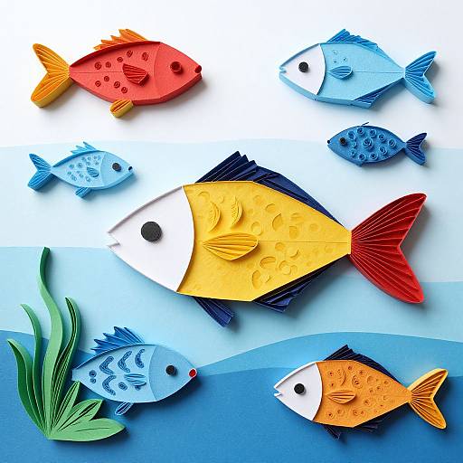 Colorful paper-crafted fish with patterned scales, vibrant fins, and diverse colors (red, blue, yellow, orange) against a gradient blue