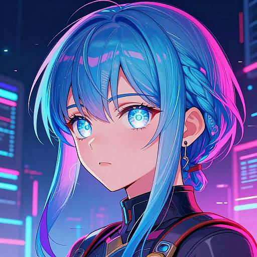 Digital anime-style portrait of a blue-haired girl with glowing blue eyes, neon-lit cyberpunk background, wearing a black high-collar top.