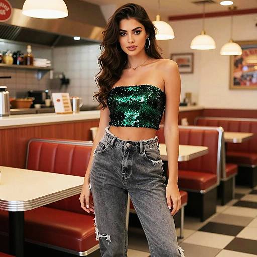 Photograph of a young woman with long, wavy dark hair, wearing a green sequin strapless top and high-waisted, frayed