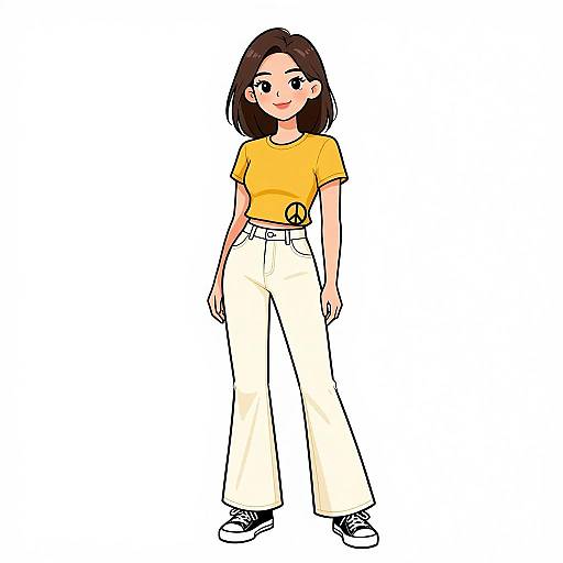 Smiling Woman in Mustard Yellow T-shirt and Ivory Flared Pants