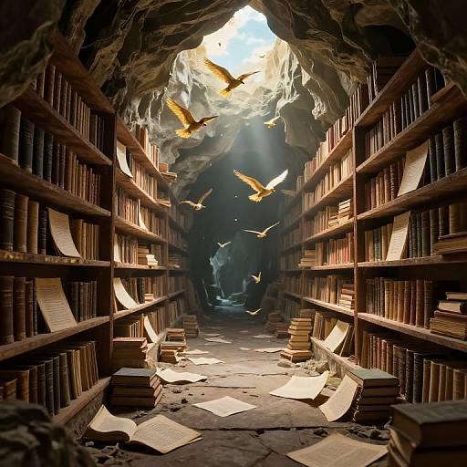 Photograph-like CGI of a sunlit, cavernous library with towering wooden bookshelves, scattered papers, and flying golden birds amidst a rocky ceiling