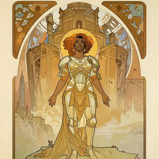 Digital illustration of an African woman with curly red hair, wearing an ornate, gold and white dress, standing confidently before a futuristic, towering cityscape