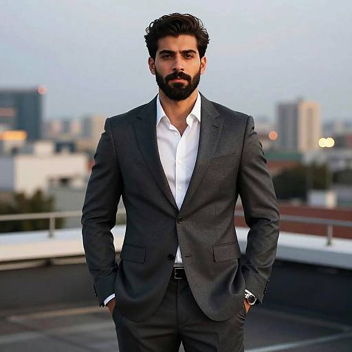 Photograph of a handsome, bearded man with dark hair, wearing a gray suit and white shirt, standing on a rooftop with a cityscape background
