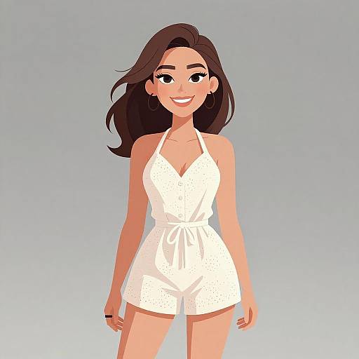 Digital illustration of a smiling woman with long brown hair, wearing a white, halter-neck, dotted romper, standing against a gradient blue background.