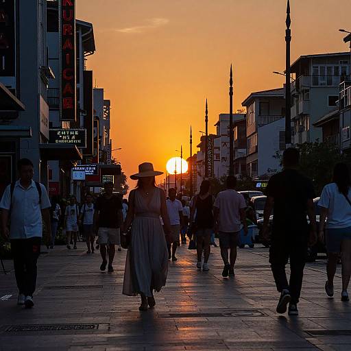 Photograph of a silhouetted crowd walking on a city street at sunset, with vibrant orange sky, neon signs, and towering buildings.