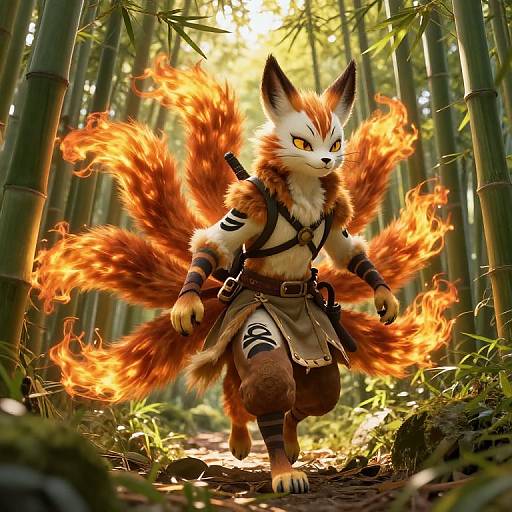 Digital artwork of a fierce, fox-like warrior with nine fiery tails, wearing leather armor, running through a sunlit bamboo forest.