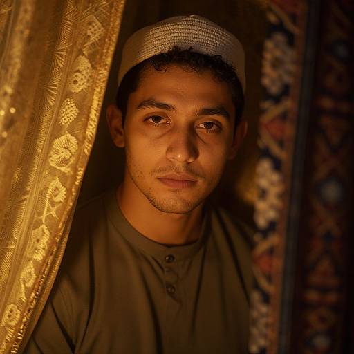 Photograph of a young Middle Eastern man with olive skin, dark eyes, short curly hair, wearing a white cap and brown shirt, partially hidden behind