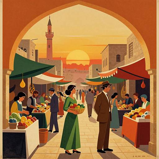 Digital illustration of a vibrant, sunlit market under an orange archway, featuring vendors, customers, colorful produce, and a mosque tower in the background