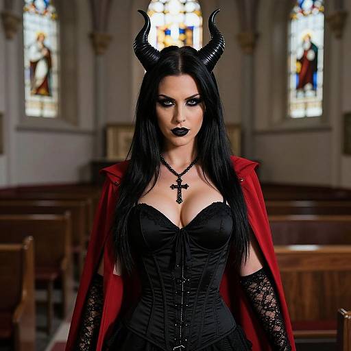 Photograph of a dark-haired woman with black horns, black corset, red cape, black lace gloves, and cross necklace, standing in a church