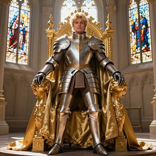 Photorealistic CGI of a young, blonde knight in shiny silver armor, seated on a golden throne in a sunlit, stained-glass cathedral.