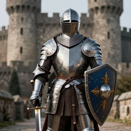Photograph of a medieval knight in shiny silver armor, holding a sword and blue shield with a fleur-de-lis, in front of a stone
