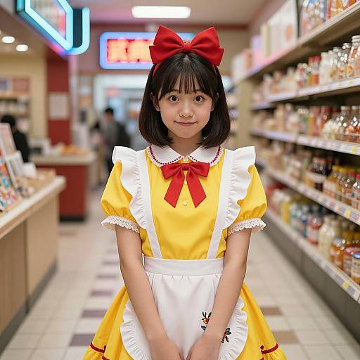 Photograph of an Asian woman in a yellow maid outfit with a red bow and white apron, standing in a brightly lit grocery store aisle.