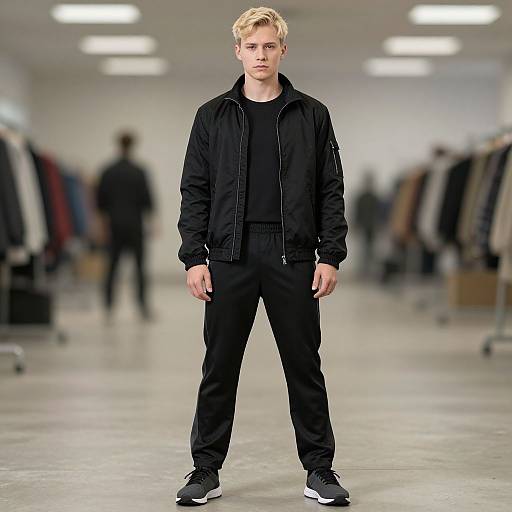 Photograph of a young blonde man with fair skin, wearing a black jacket, shirt, pants, and sneakers, standing in a brightly lit, blurred
