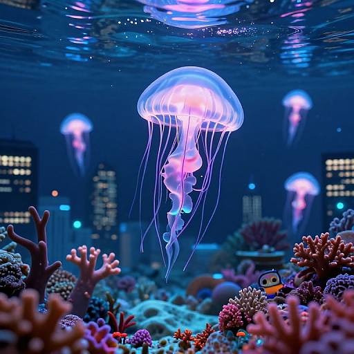 Photograph of a vibrant aquarium with glowing blue and purple jellyfish hovering above colorful coral reefs, illuminated by city lights in the background.