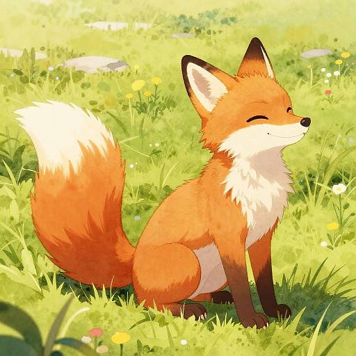 Digital illustration of a happy, orange fox with white chest and tail tip, sitting in a sunlit, vibrant green meadow.