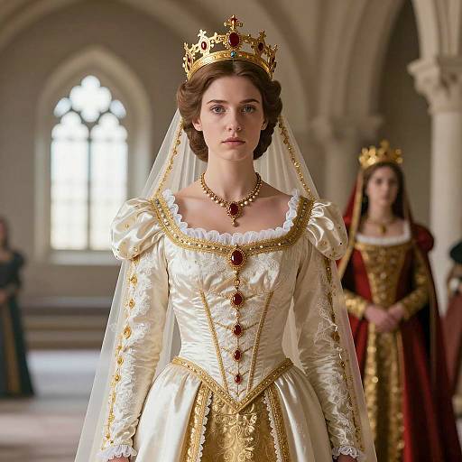 Medieval Queen in White and Gold Dress