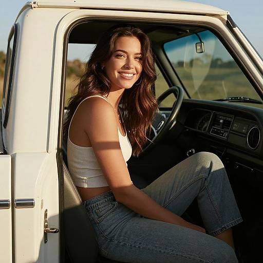 Photograph of a smiling woman with long dark hair, wearing a white crop top and blue jeans, sitting in an open white SUV door, sunlight casting
