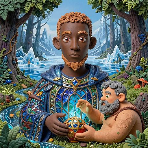 Digital artwork of a dark-skinned, curly-haired man in colorful, ornate blue robe holding a glowing orb, next to a gray-bearded man