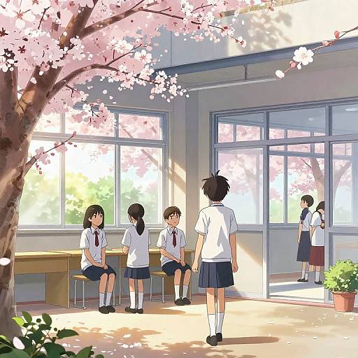Anime-style digital illustration of a sunlit schoolroom with cherry blossom trees outside. Five Japanese high school students in white shirts and navy skirts converse and stand