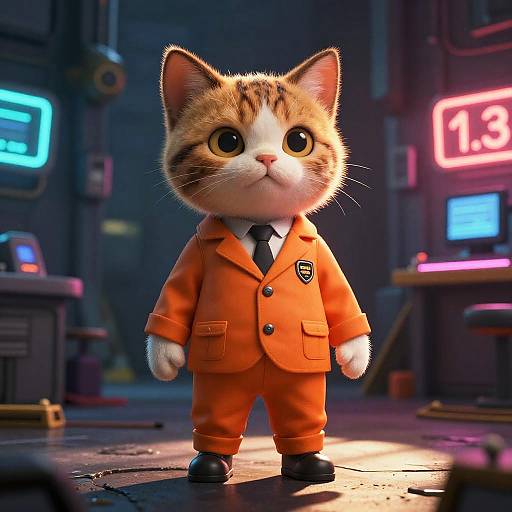 CGI image of a cute, chibi-style tabby cat in an orange prison suit standing in a neon-lit, industrial warehouse.