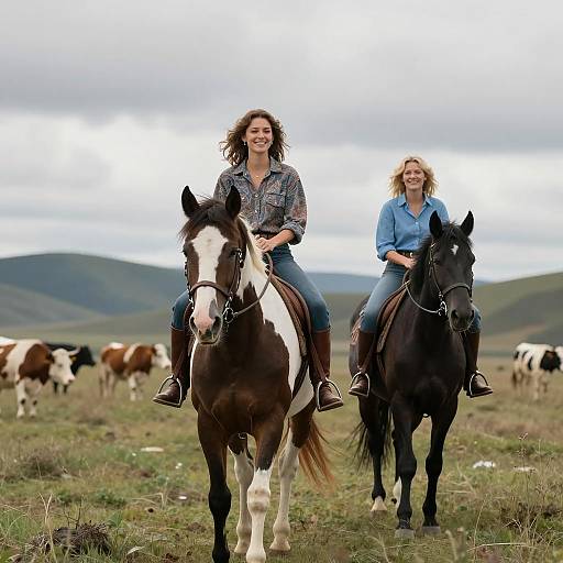 Women Riding Horses in Grassy Field