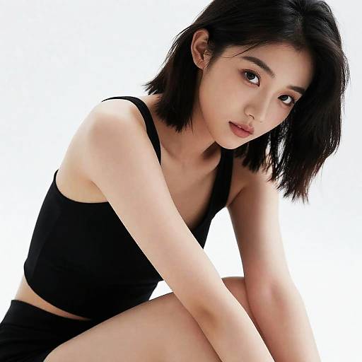 Photograph of an Asian woman with short black hair, wearing a black sleeveless top and black shorts, sitting against a white background, looking directly at