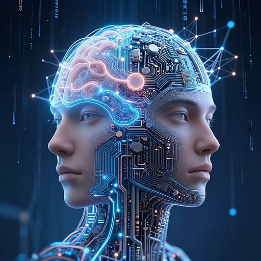 Digital artwork of a human head with a glowing, neon-blue and pink circuitry overlay, set against a dark, tech-themed background.