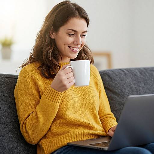 Photograph of a smiling young woman with brown hair, wearing a yellow sweater, holding a white mug, sitting on a blue couch with a laptop.