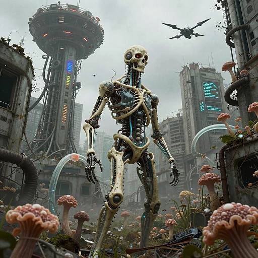 Cybernetic Skeleton in Overgrown Futuristic Ruins