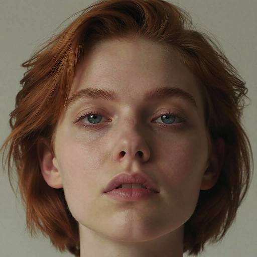 Photograph of a fair-skinned, red-haired woman with blue eyes, freckles, and short, slightly messy hair, looking directly at the