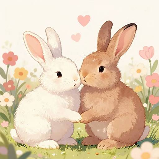 Digital illustration of a white rabbit and a brown rabbit sitting close, holding paws, surrounded by colorful flowers and hearts.