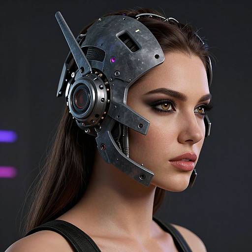 Photorealistic CGI portrait of a young woman with dark hair, wearing a futuristic metallic headpiece, against a dark, blurred background.