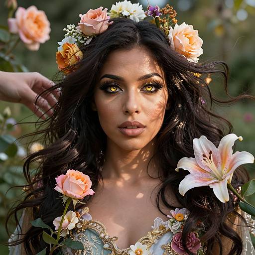 Photograph of an attractive young woman with dark, wavy hair, golden eyes, and a floral crown, surrounded by roses and lilies in a