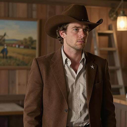 Man in Brown Cowboy Hat and Suit in Saloon
