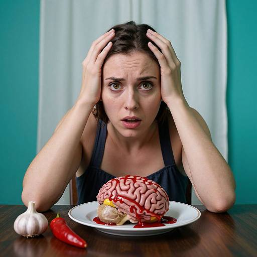Photograph of a shocked woman with dark hair, hands on head, wearing a black tank top, staring at a brain-shaped dish with blood sauce,