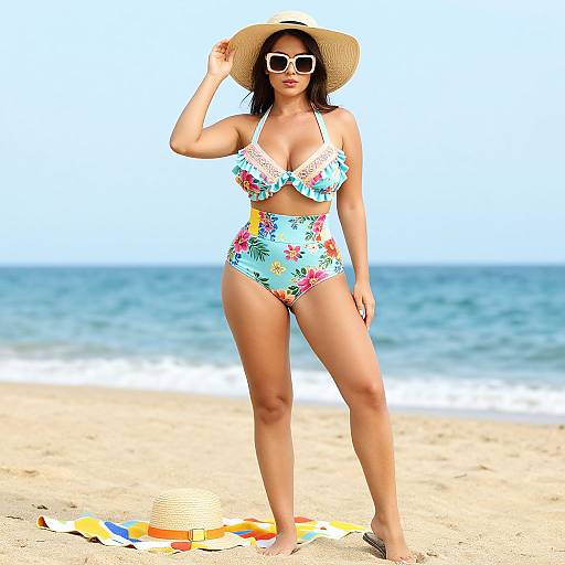 Photograph of a curvy woman in a colorful floral bikini, white sunglasses, and straw hat, standing on a sunny beach with the ocean in the
