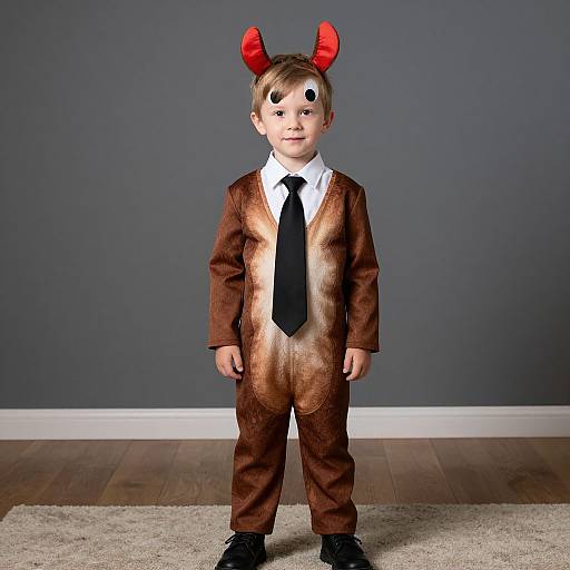 Photograph of a young boy in a brown devil costume with red horns, black tie, and white shirt, standing on a wooden floor against a gray