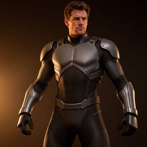 Photograph of a muscular, handsome man in a sleek, black, textured, armored superhero suit, standing confidently against a dark, orange-lit background