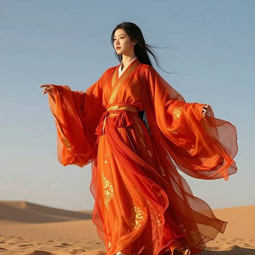 Photograph of an Asian woman with long black hair in a flowing, vibrant red traditional Korean hanbok, standing in a desert with clear blue sky