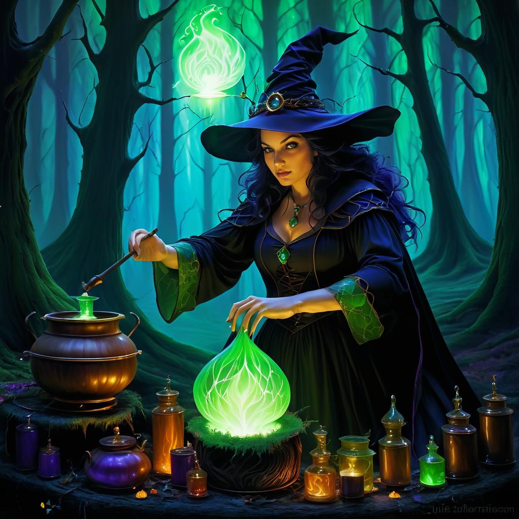 Mystical Witch Brewing Potions in Forest