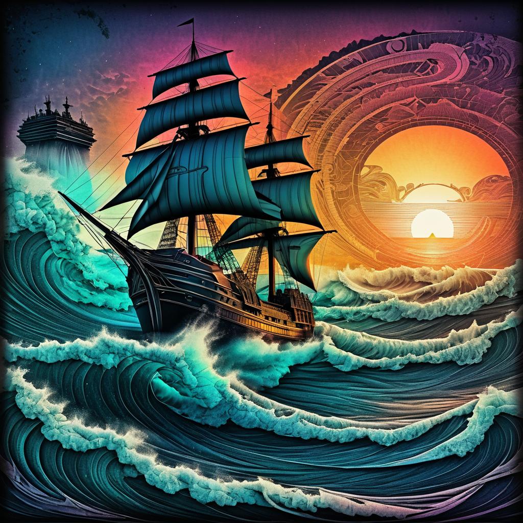 Detailed Fantasy Ship at Sunset Artwork