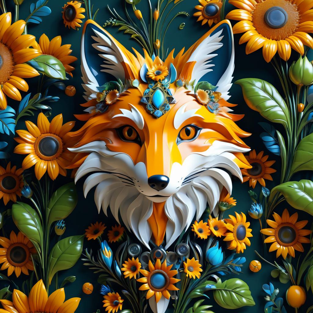 Vibrant Fox with Cyborg Sunflowers Render