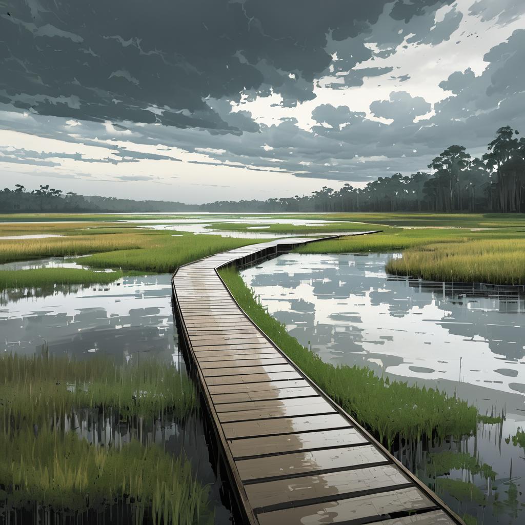 Serene Wetland Boardwalk Sketch Rendering