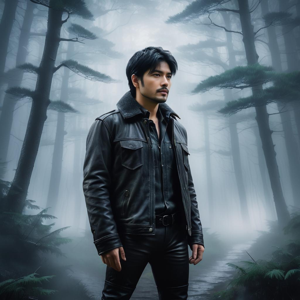 Misty Forest Wanderer in Leather Jacket