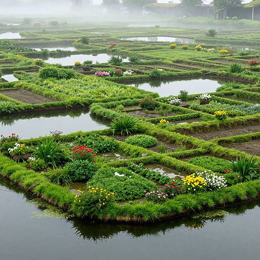 Photograph of a vibrant, rectangular garden with waterways, lush greenery, colorful flowers, and small pools reflecting the bright sunlight.