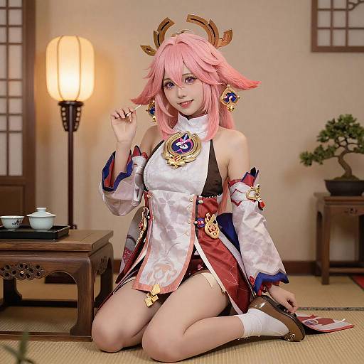 Pink-Haired Anime Girl in Traditional Outfit