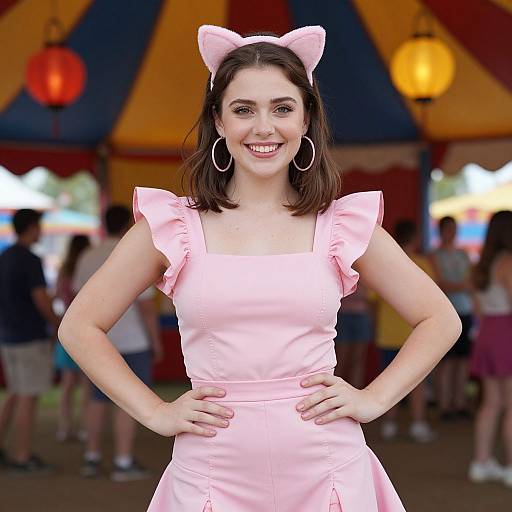 Photograph of a smiling woman with fair skin, dark brown hair, pink cat-ear headband, large hoop earrings, and pink ruffled dress