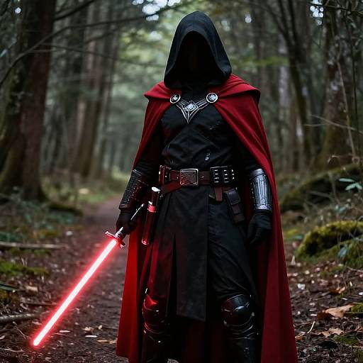 Photograph of a hooded figure in black cloak, holding glowing red lightsaber, standing on forest path, surrounded by trees.