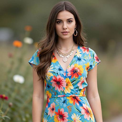 Photograph of a young woman with long brown hair wearing a vibrant blue floral dress, gold necklace, and hoop earrings, standing in a blurred garden with