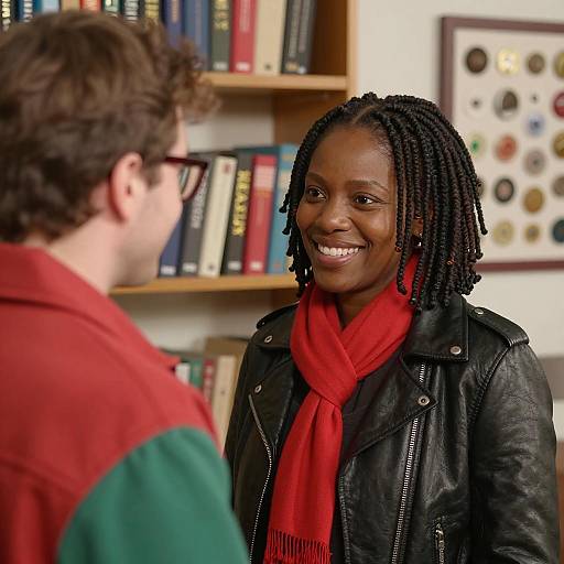 Smiling Black Woman in Leather Jacket Talking to Man